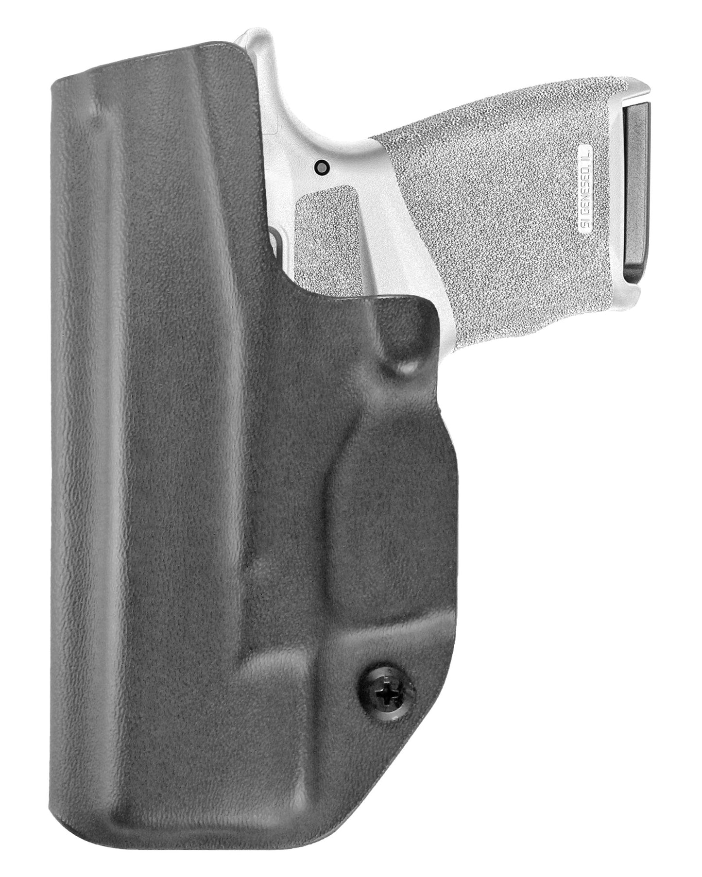 Coldre Kydex Cobra para Springfield Hellcat, porte interno (IWB), mao destro, cor preto, traseira.