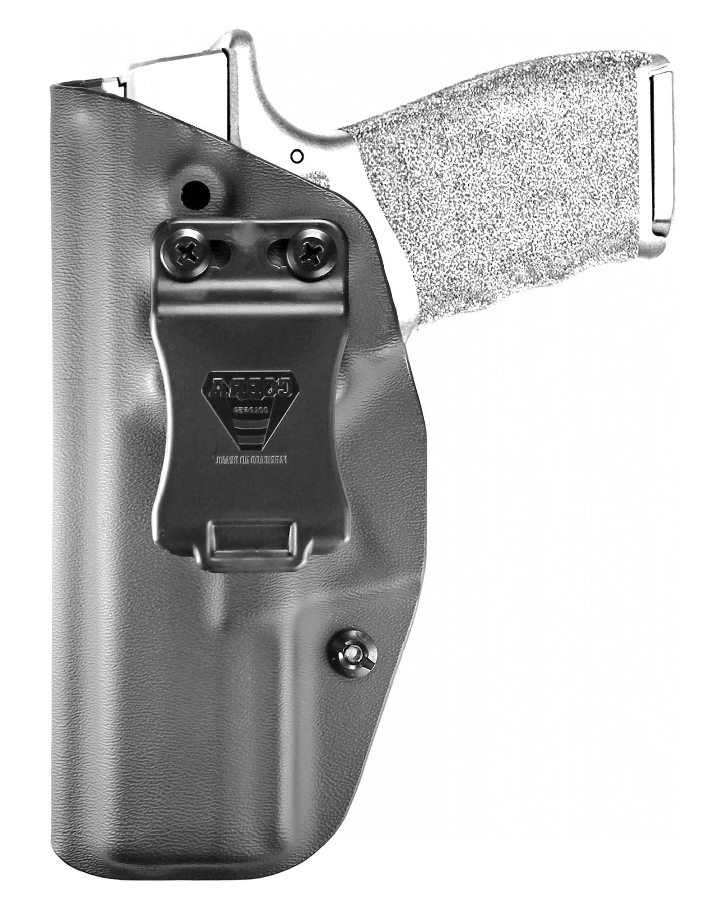 Coldre Kydex Cobra para Springfield Hellcat PRO, porte interno (IWB), mao canhoto, cor preto, frente.