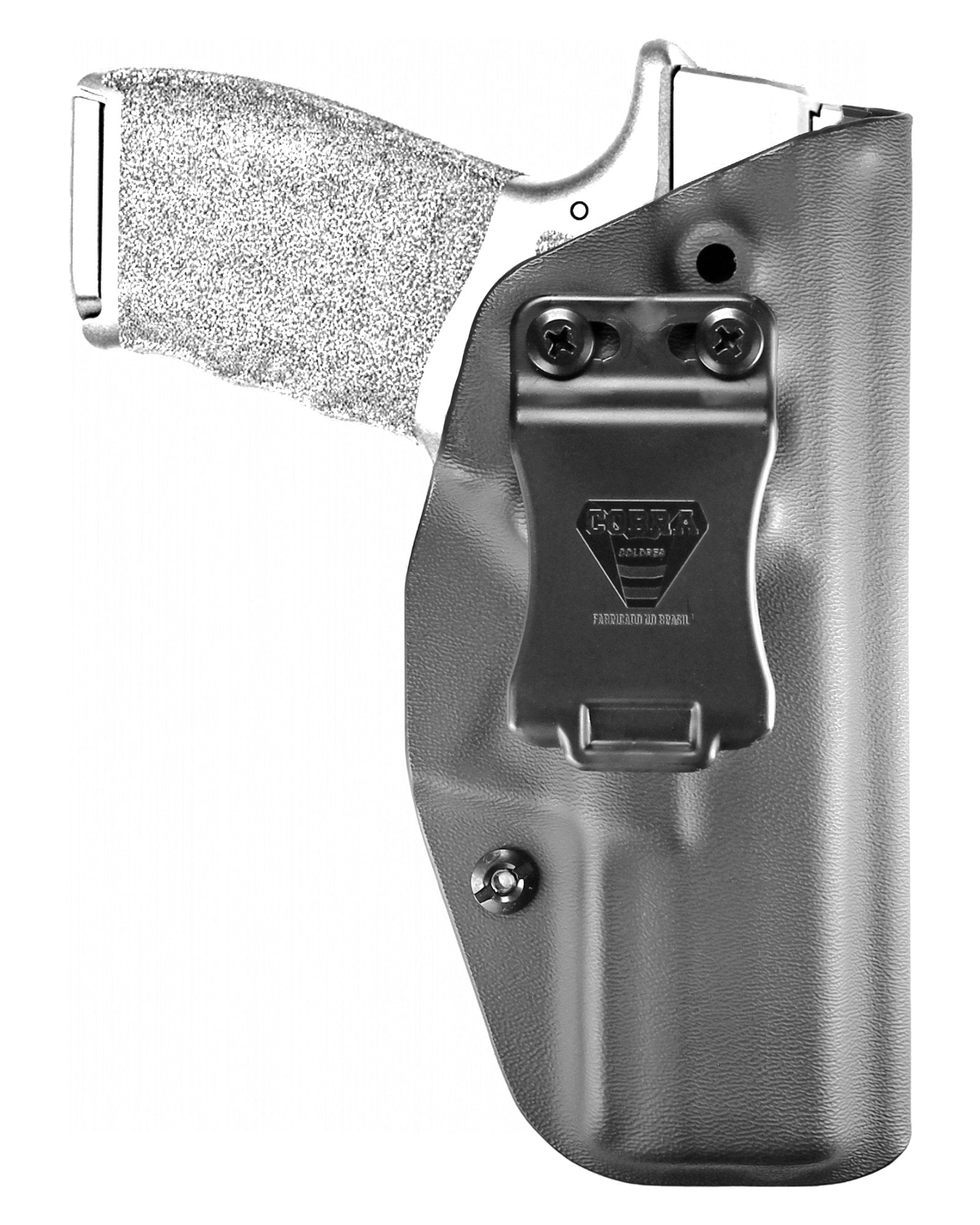 Coldre Kydex Cobra para Springfield Hellcat PRO, porte interno (IWB), mao destro, cor preto, frente.