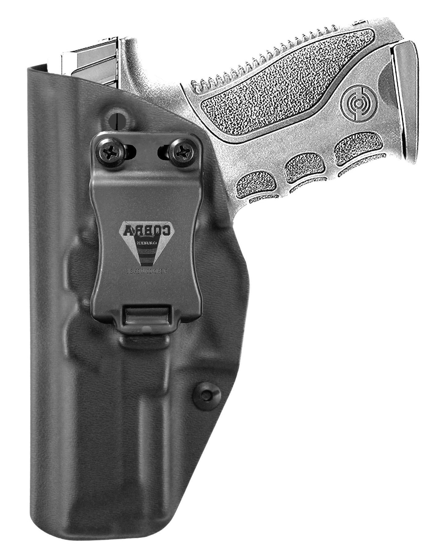 Coldre Kydex Cobra para Stoeger STR-9, porte interno (IWB), mao canhoto, cor preto, frente.
