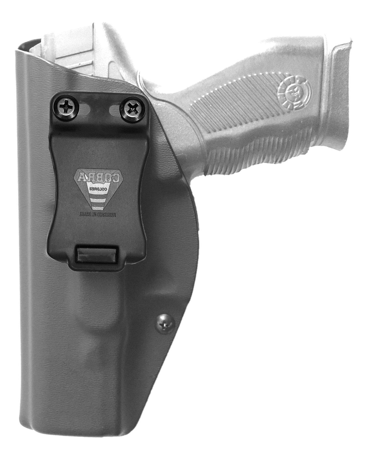Coldre Kydex Cobra para Taurus 24-7, porte interno (IWB), mao canhoto, cor preto, frente.