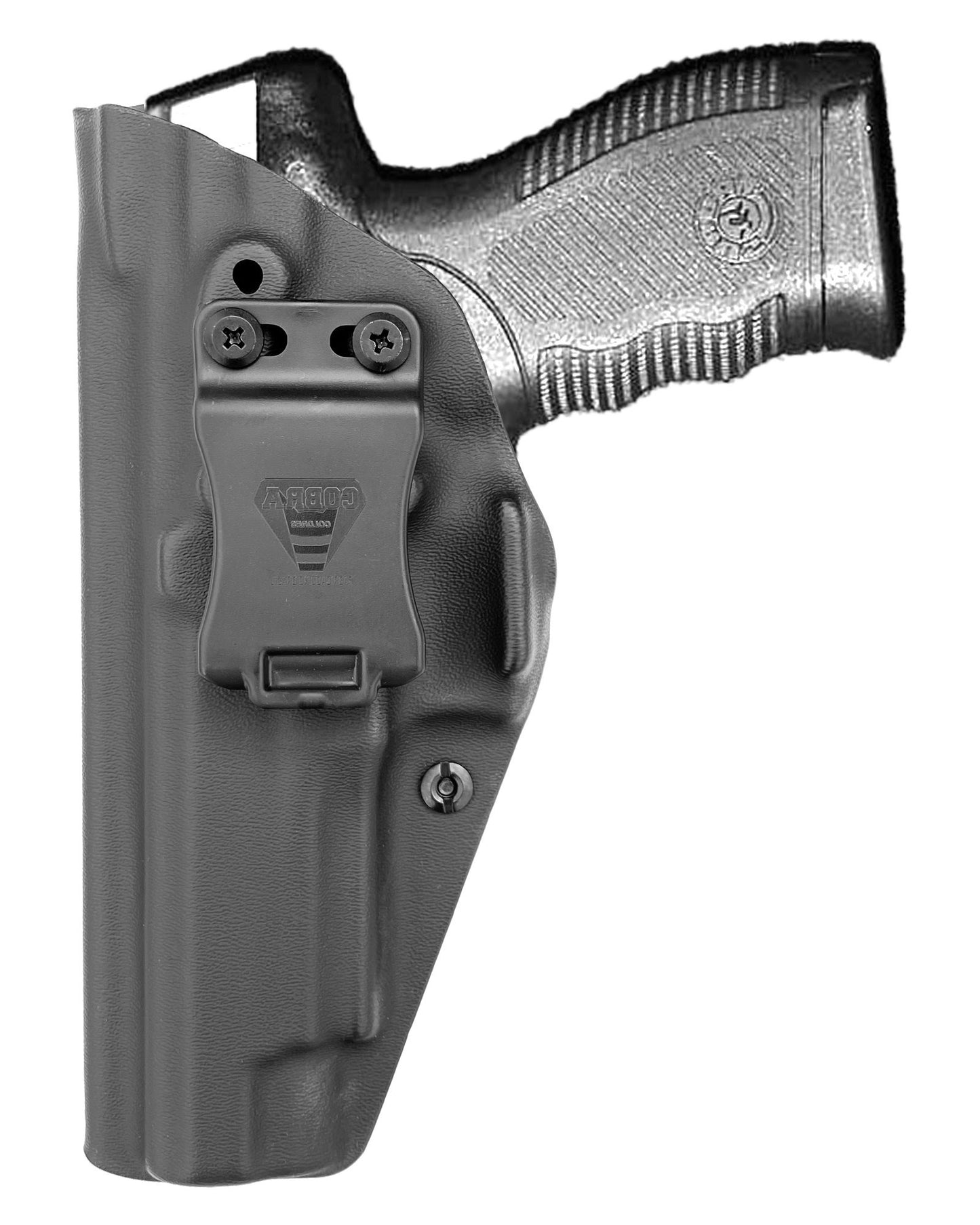 Coldre Kydex Cobra para Taurus 24-7 Pro Tactical, porte interno (IWB), mao canhoto, cor preto, frente.