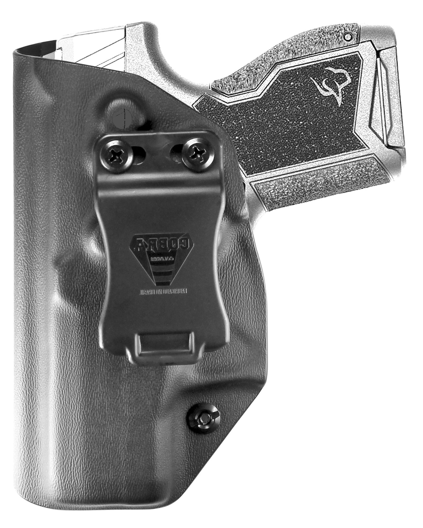 Coldre Kydex Cobra para Taurus GX4, porte interno (IWB), mao canhoto, cor preto, frente.