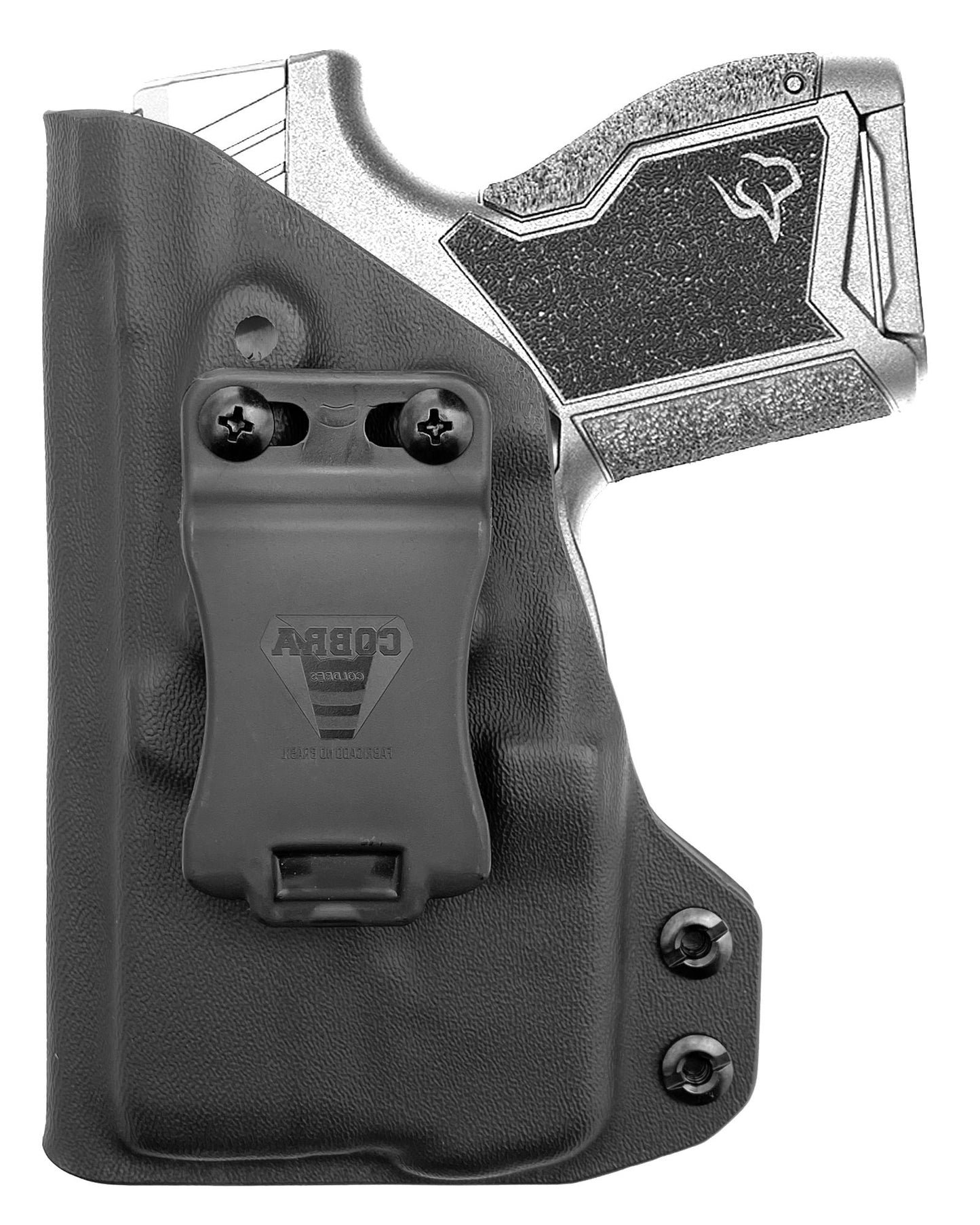 Coldre Kydex Cobra para Taurus GX4 lanterna TLR-6, porte interno (IWB), mao canhoto, cor preto, frente.