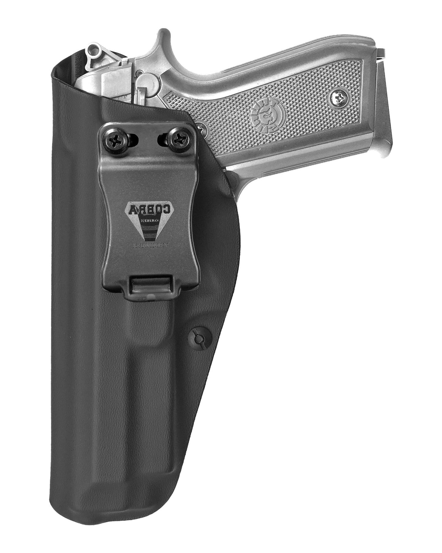 Coldre Kydex Cobra para Taurus PT100, porte interno (IWB), mao canhoto, cor preto, frente.