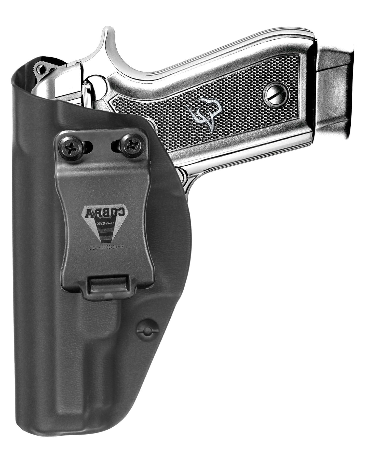 Coldre Kydex Cobra para Taurus PT58, porte interno (IWB), mao canhoto, cor preto, frente.