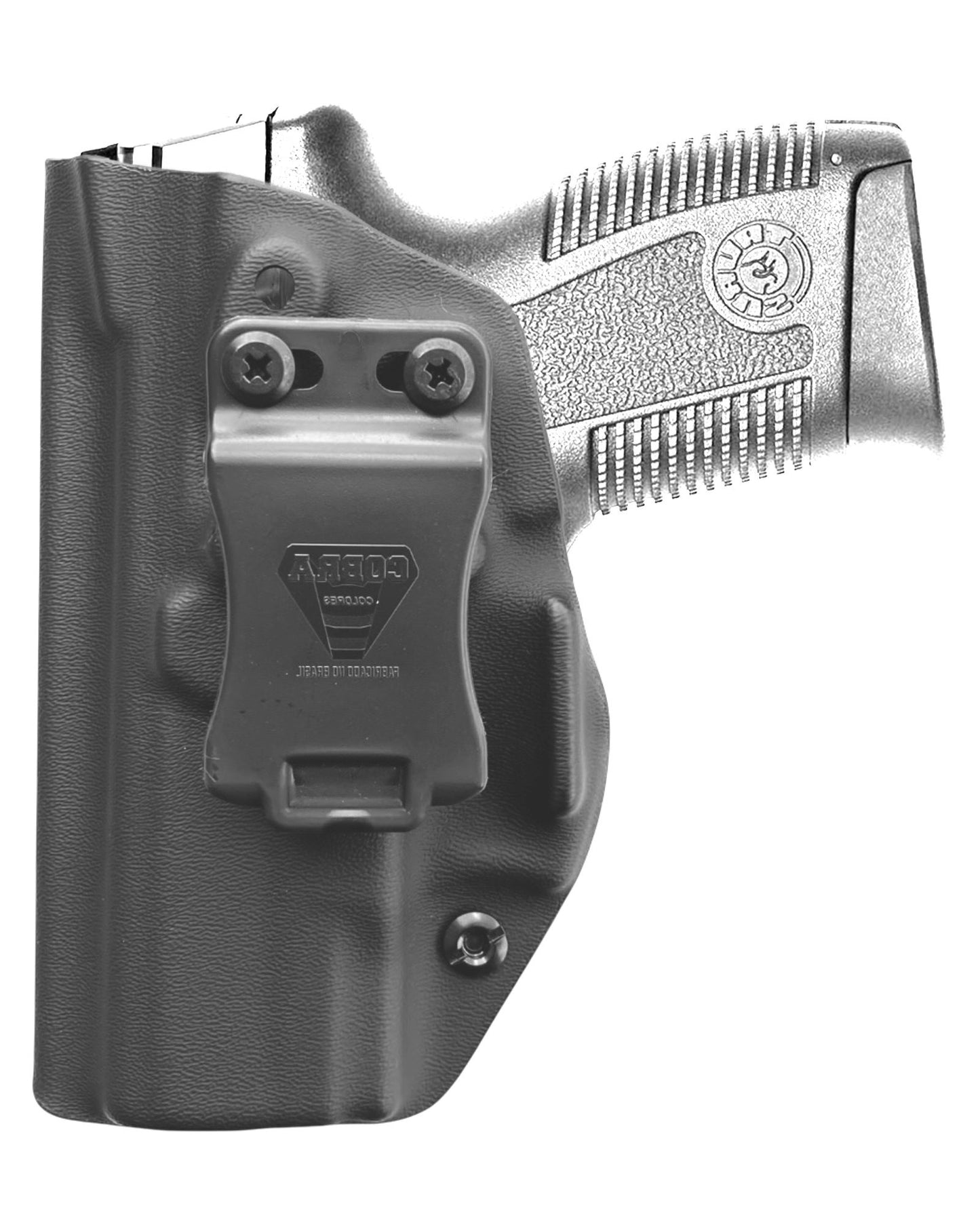 Coldre Kydex Cobra para Taurus PT640-PT638, porte interno (IWB), mao canhoto, cor preto, frente.