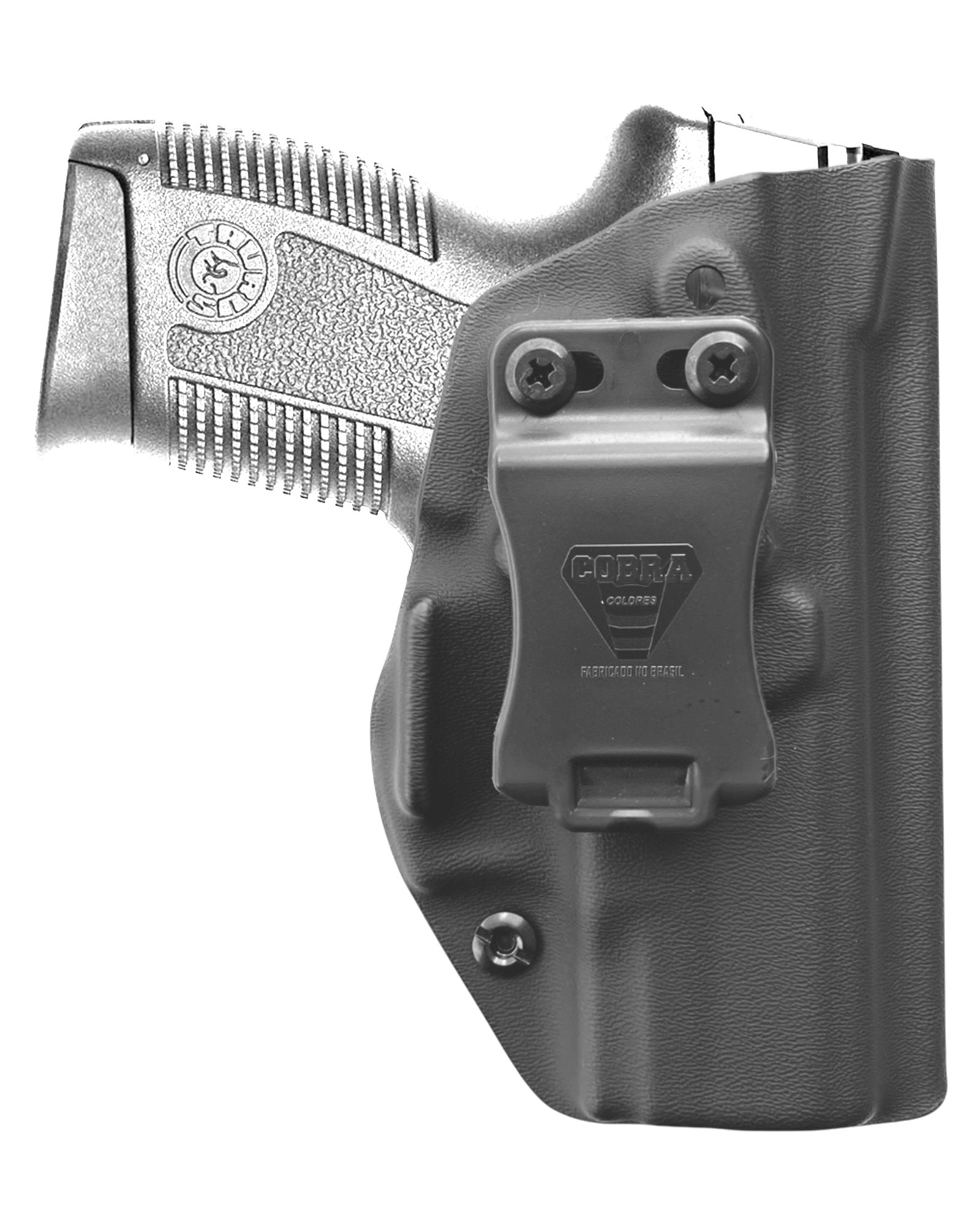 Coldre Kydex Cobra para Taurus PT640-PT638, porte interno (IWB), mao destro, cor preto, frente.