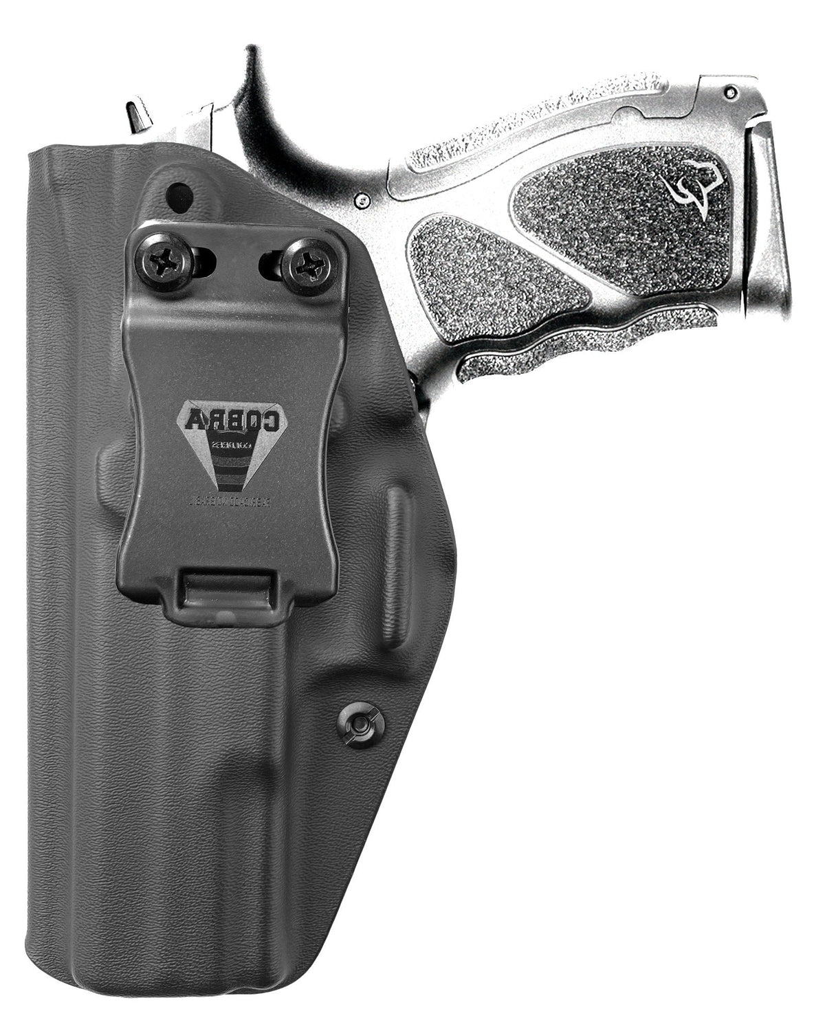 Coldre Kydex Cobra para Taurus PT845, porte interno (IWB), mao canhoto, cor preto, frente.