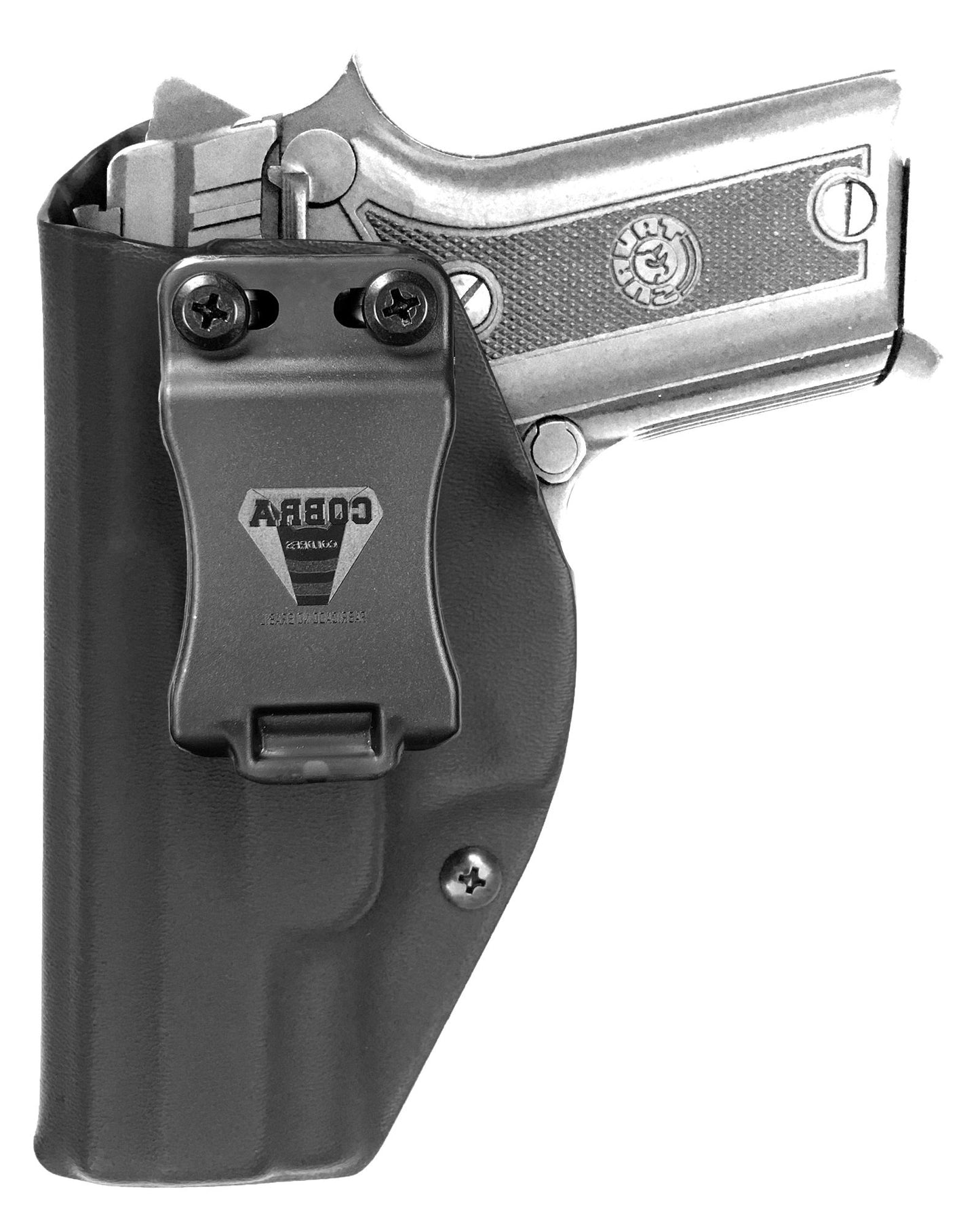 Coldre Kydex Cobra para Taurus PT938, porte interno (IWB), mao canhoto, cor preto, frente.
