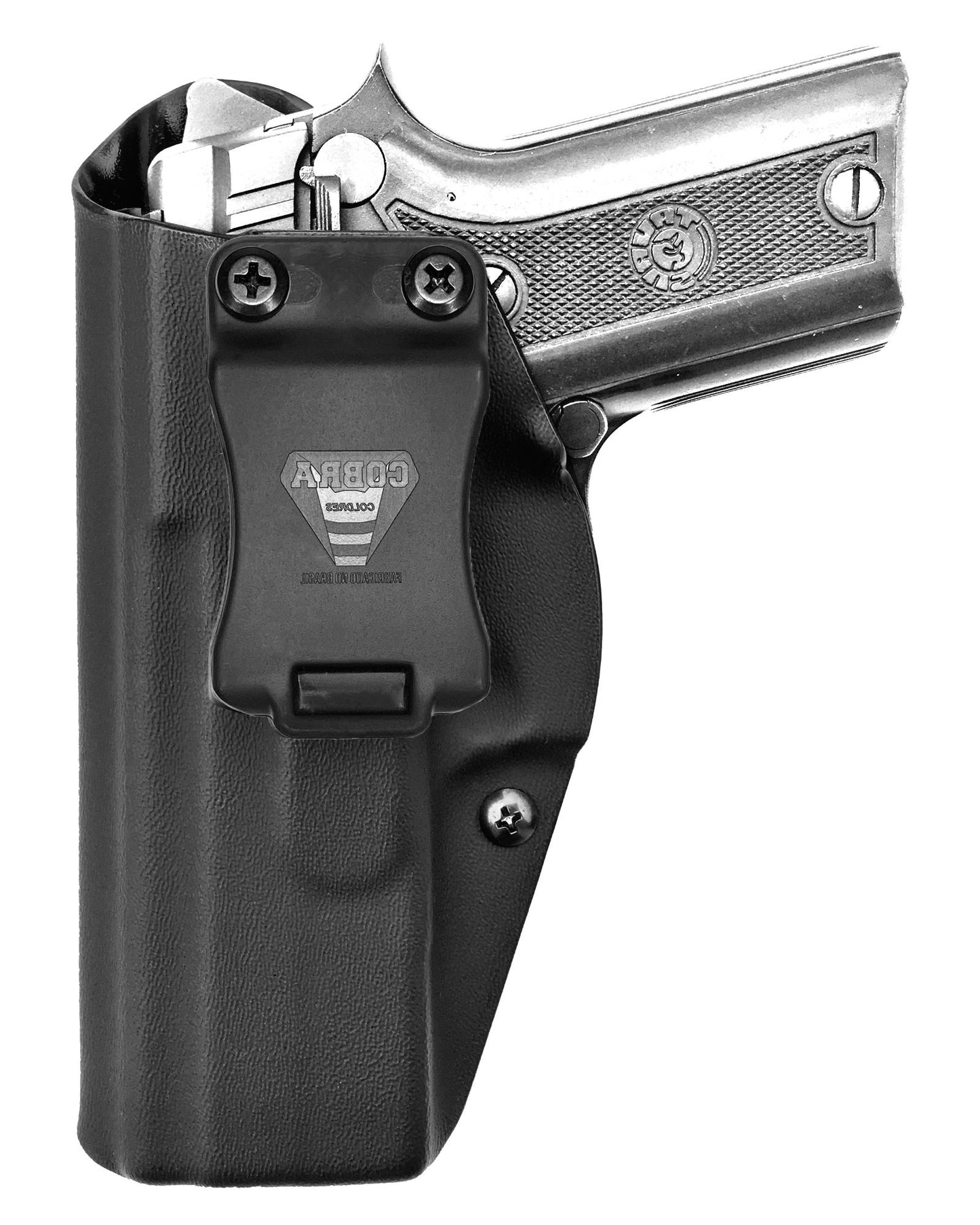 Coldre Kydex Cobra para Taurus PT940, porte interno (IWB), mao canhoto, cor preto, frente.
