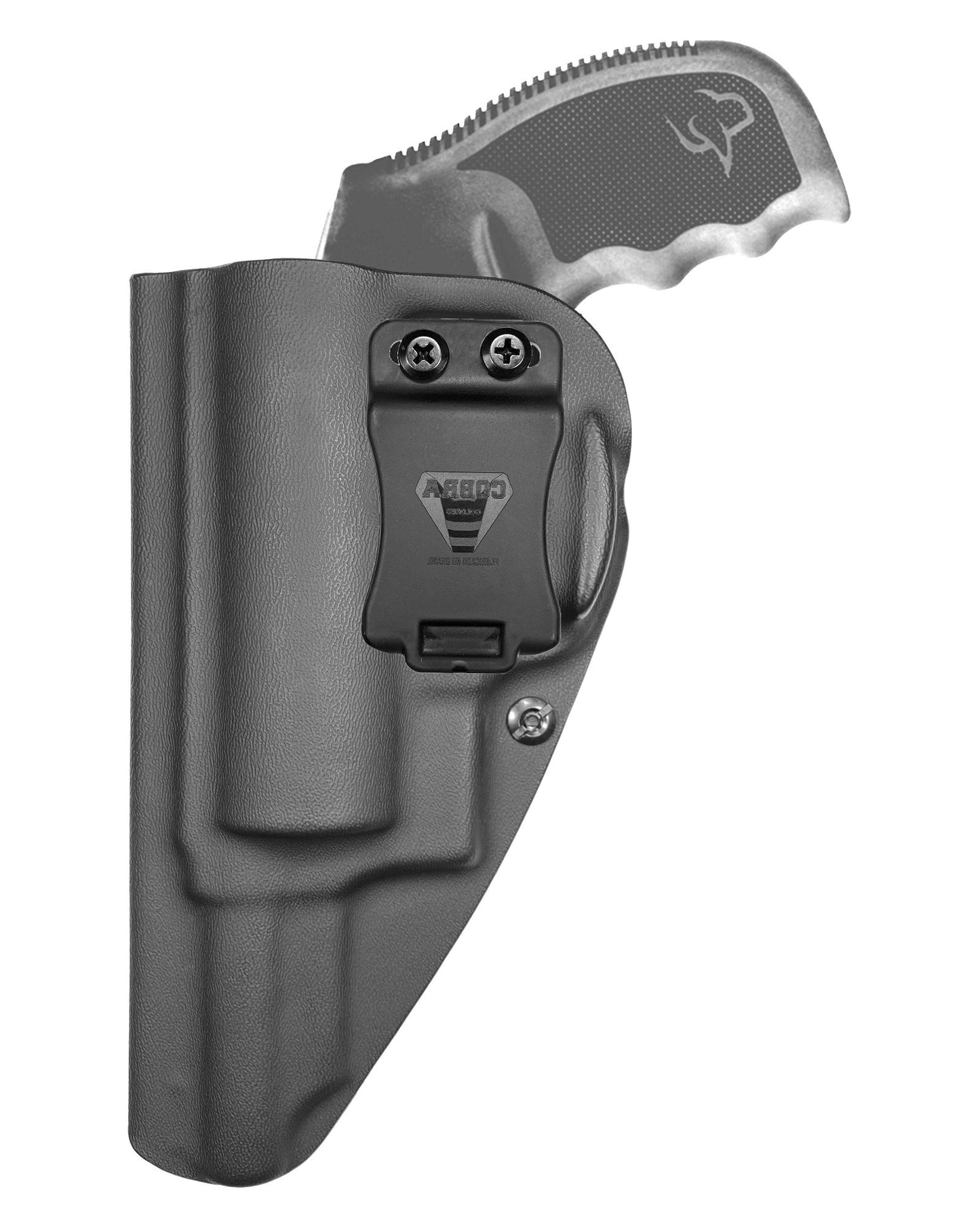 Coldre Kydex Cobra para Taurus Judge RT410, porte interno (IWB), mao canhoto, cor preto, frente.