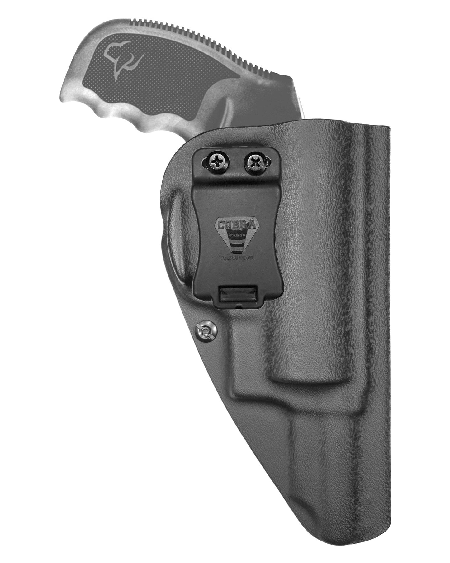 Coldre Kydex Cobra para Taurus Judge RT410, porte interno (IWB), mao destro, cor preto, frente.
