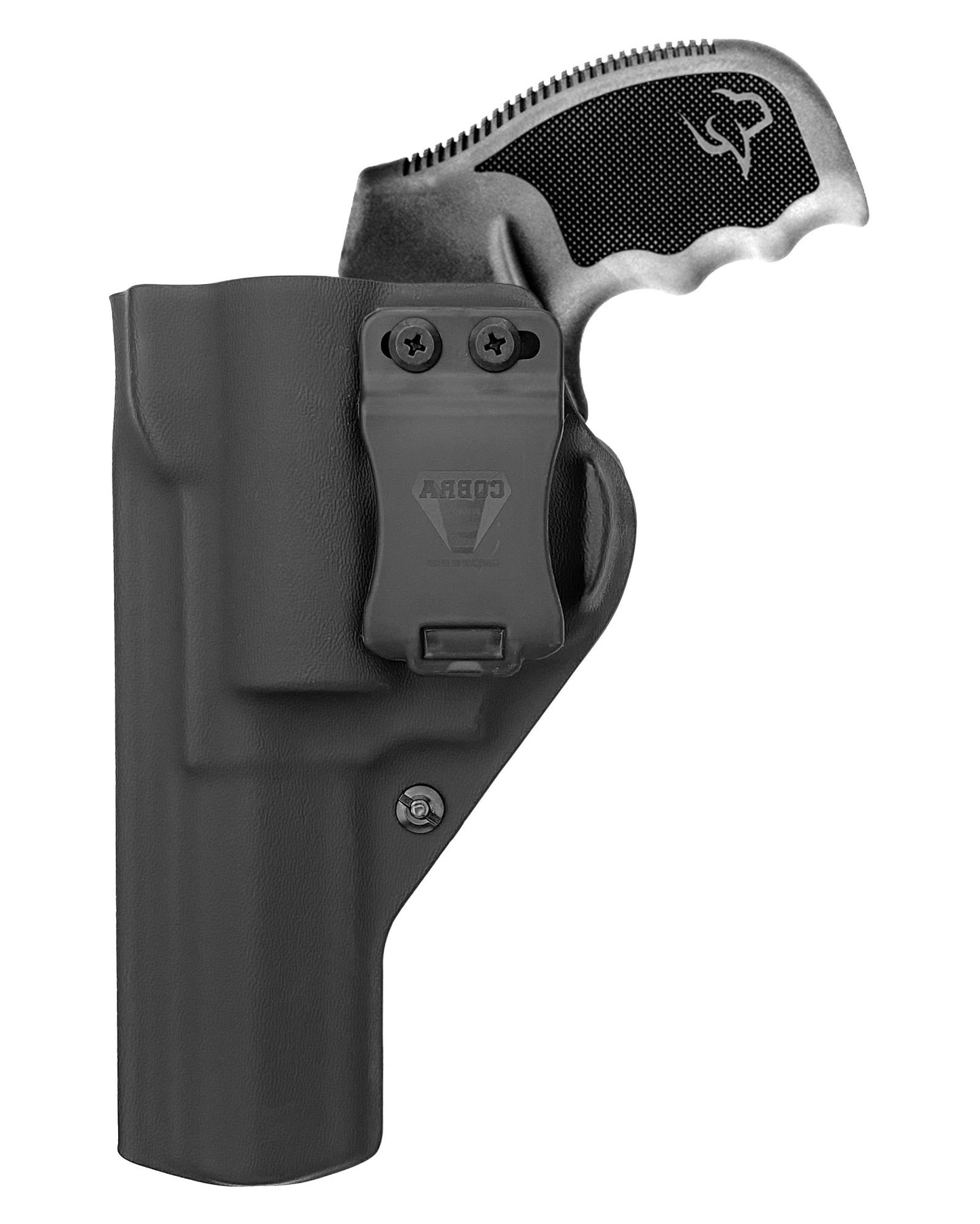 Coldre Kydex Cobra para Taurus RT627 Tracker, porte interno (IWB), mao canhoto, cor preto, frente.