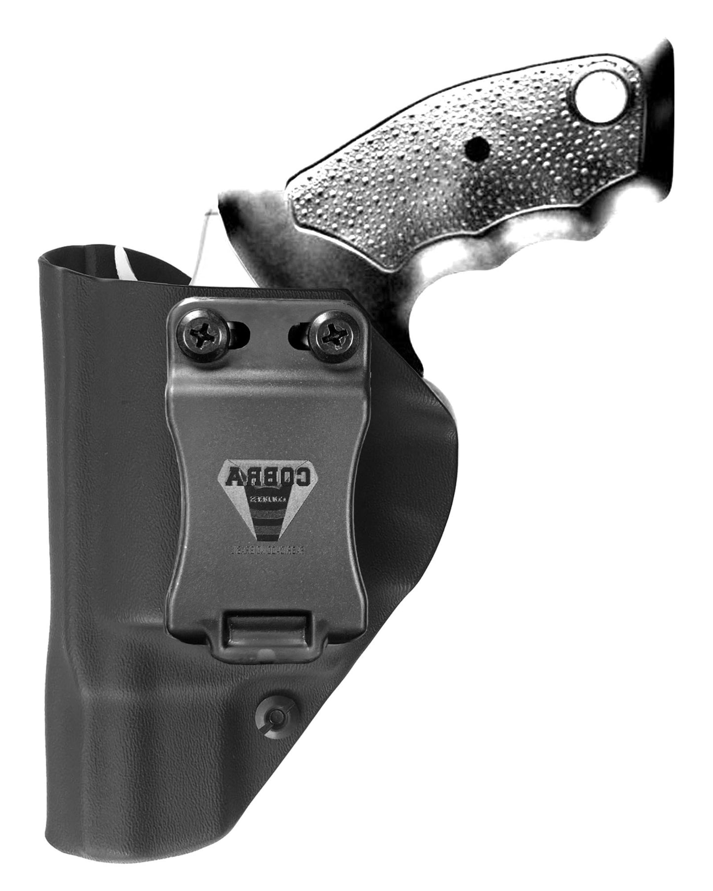 Coldre Kydex Cobra para Taurus RT817, porte interno (IWB), mao canhoto, cor preto, frente.