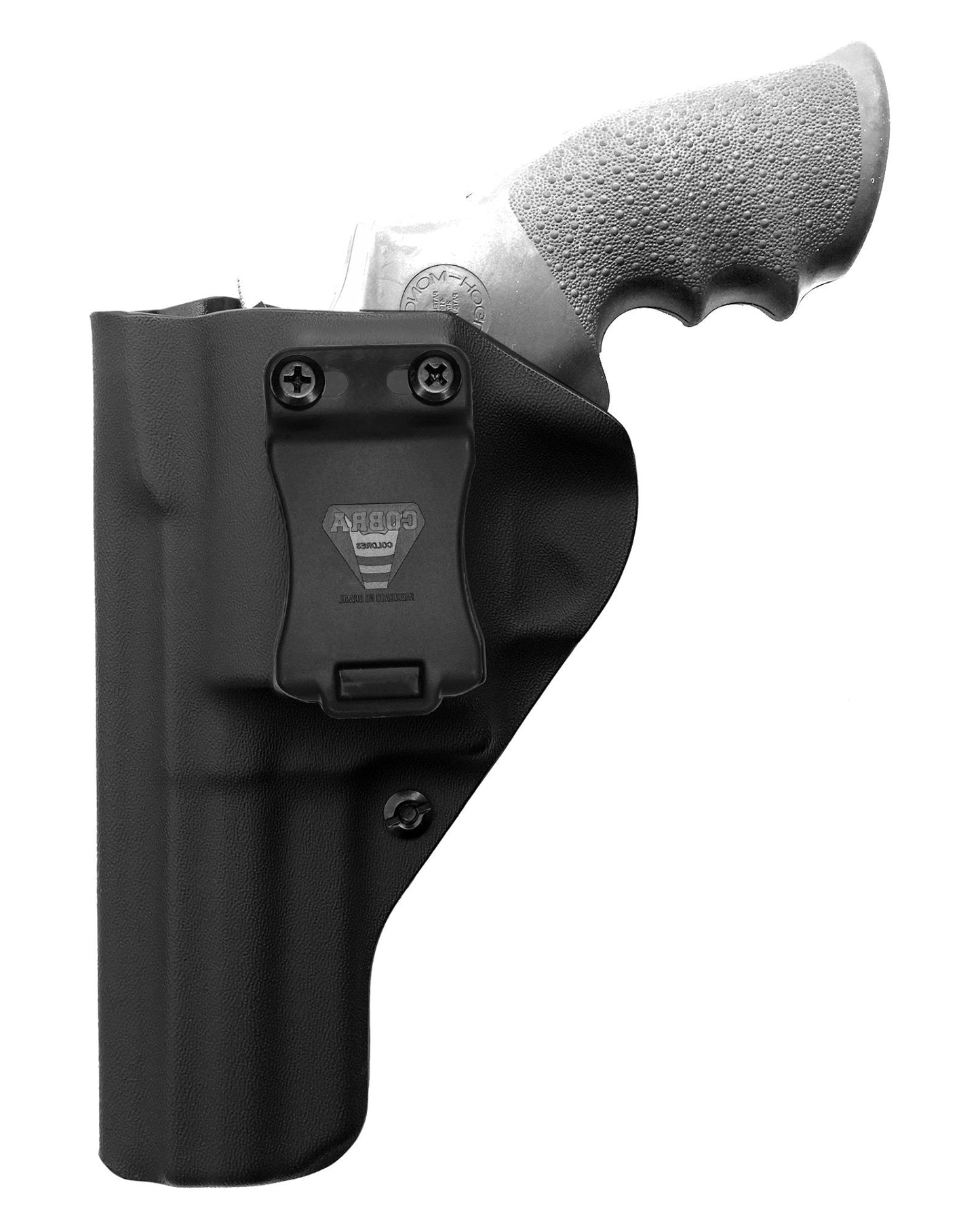 Coldre Kydex Cobra para Taurus RT838, porte interno (IWB), mao canhoto, cor preto, frente.