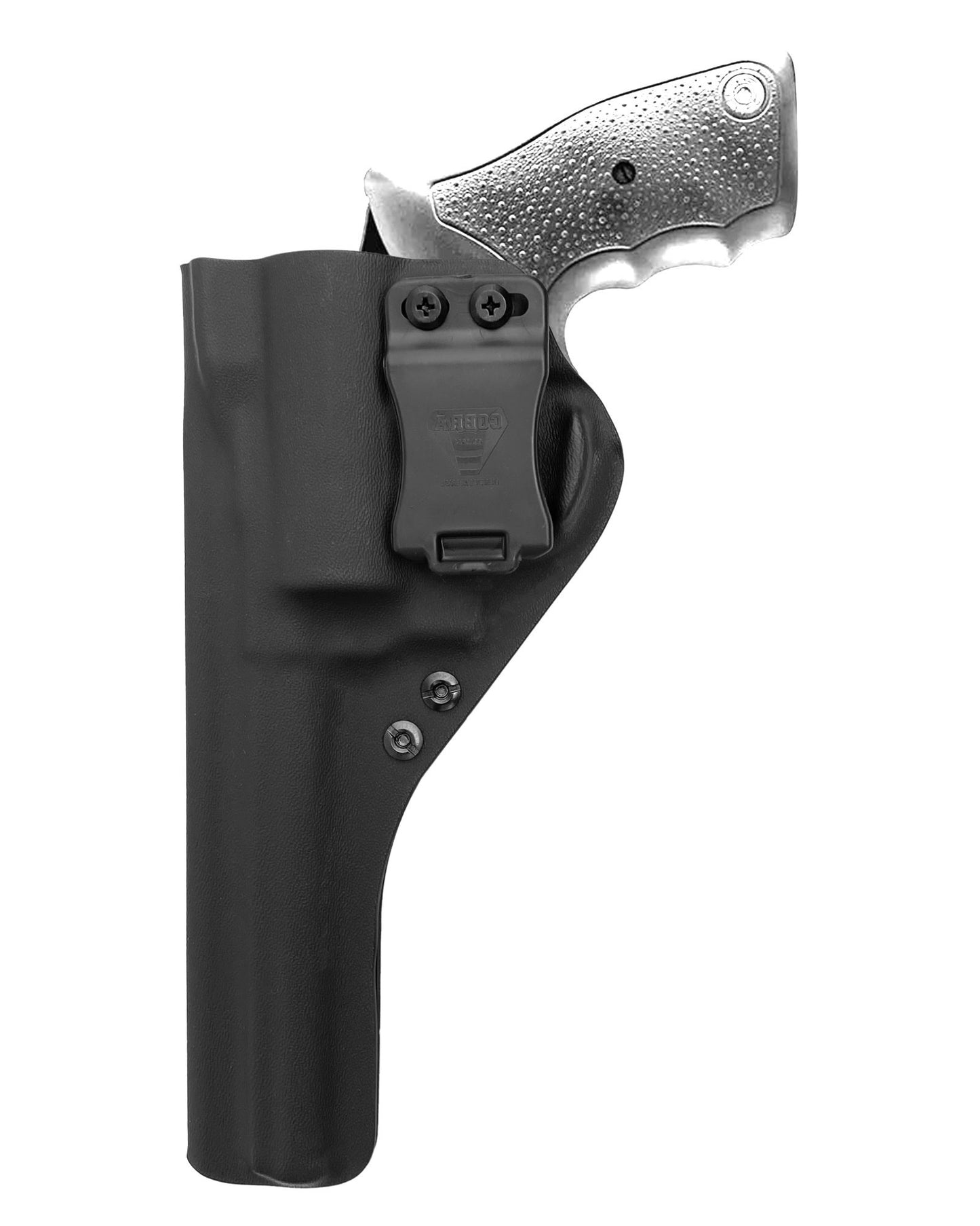 Coldre Kydex Cobra para Taurus RT86, porte interno (IWB), mao canhoto, cor preto, frente.