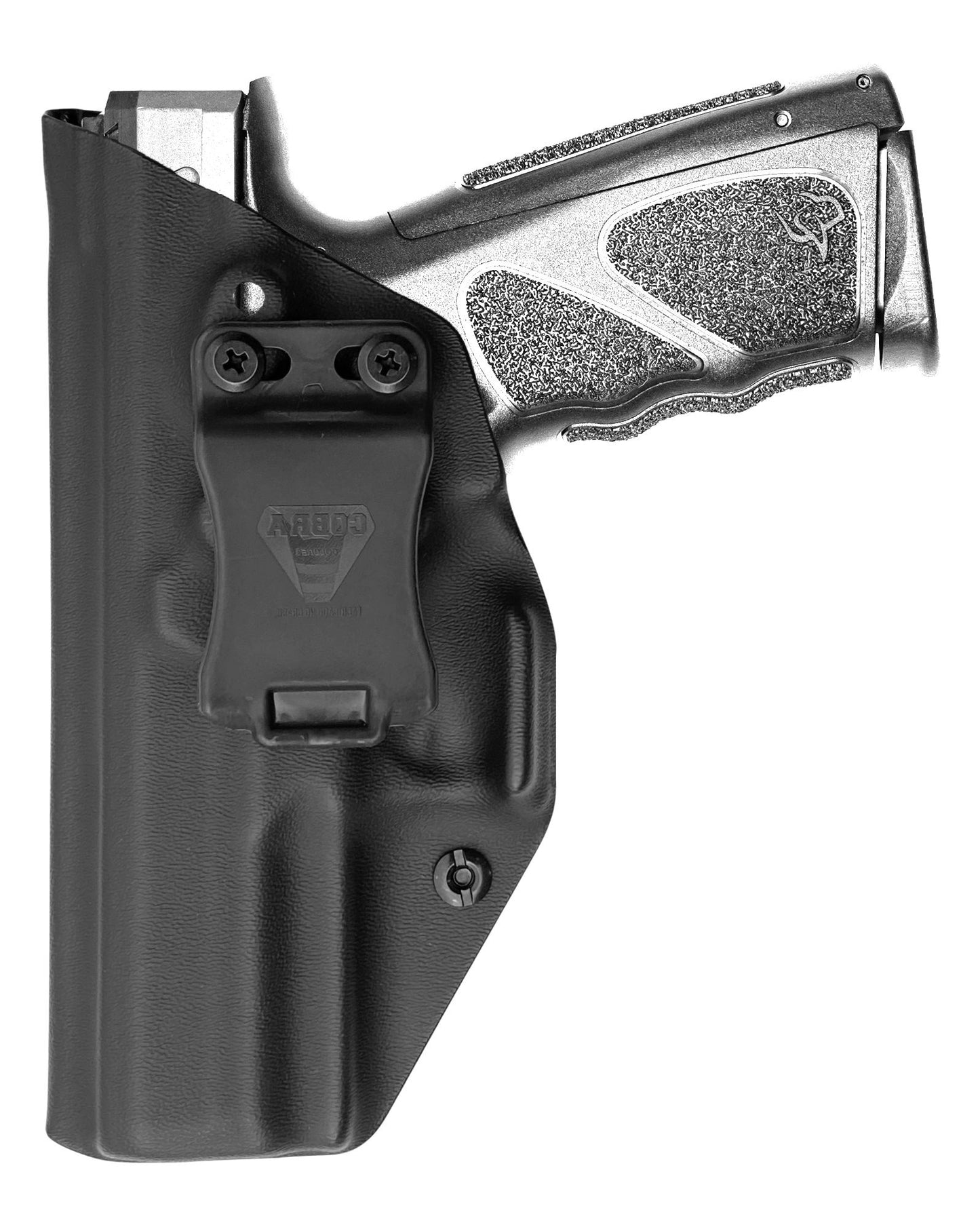 Coldre Kydex Cobra para Taurus TS9, porte interno (IWB), mao canhoto, cor preto, frente.