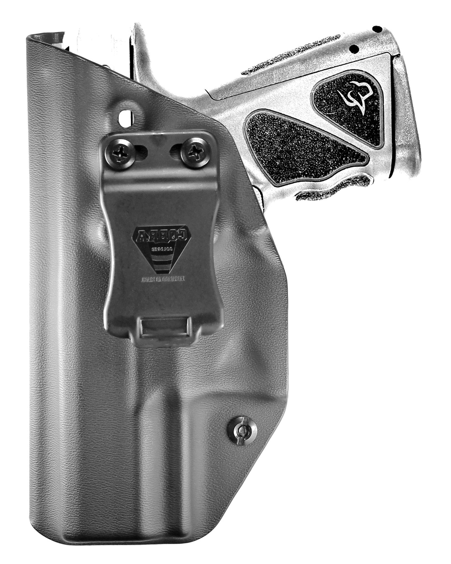Coldre Kydex Cobra para Taurus TS9c, porte interno (IWB), mao canhoto, cor preto, frente.