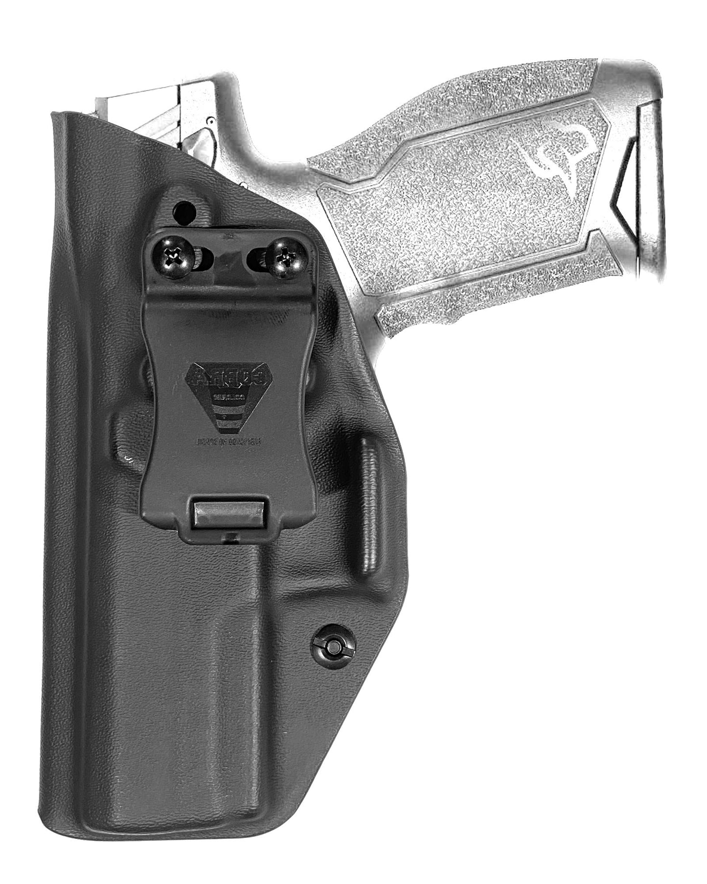 Coldre Kydex Cobra para Taurus TX22, porte interno (IWB), mao canhoto, cor preto, frente.