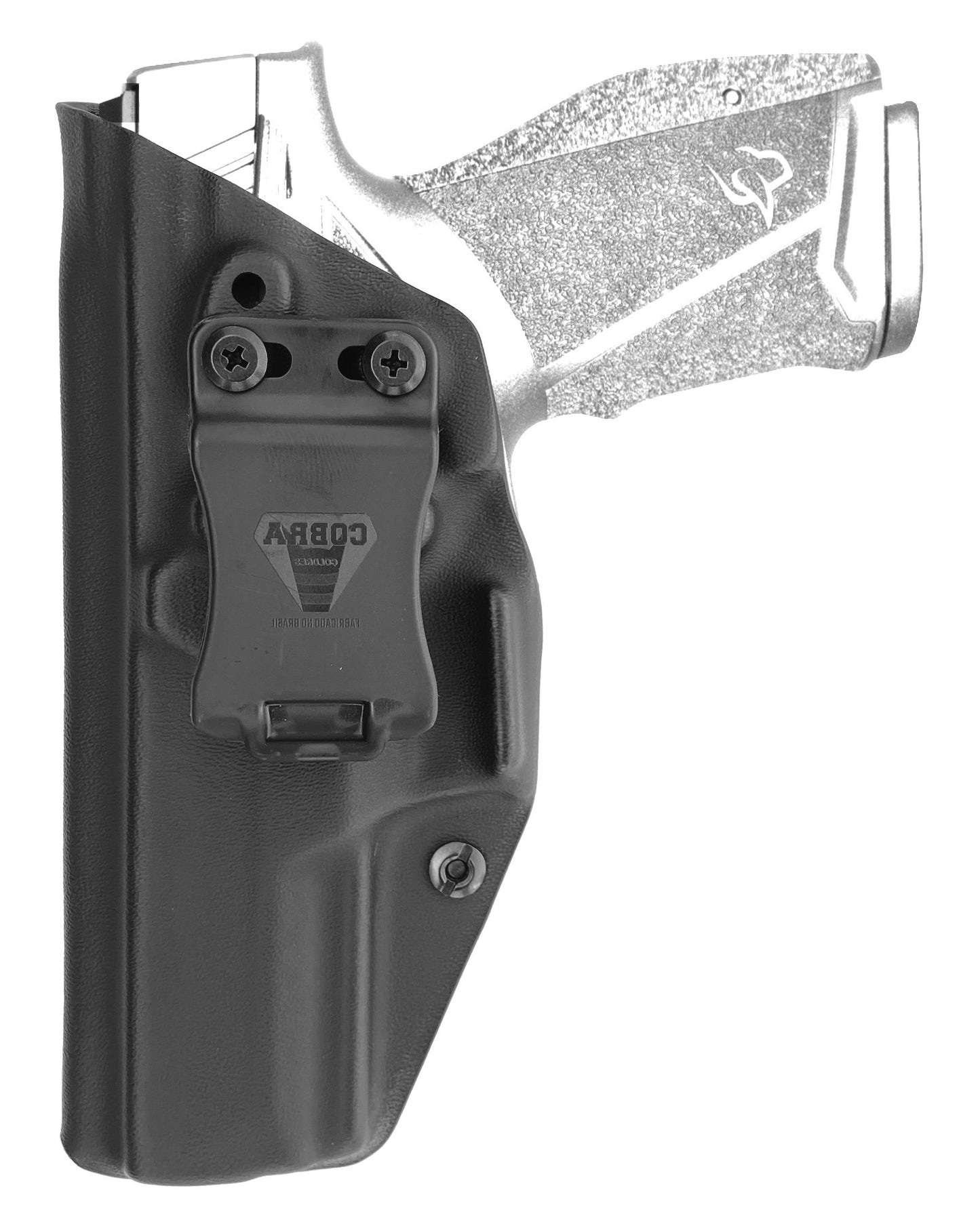 Coldre Kydex Cobra para Taurus TX9, porte interno (IWB), mao canhoto, cor preto, frente.
