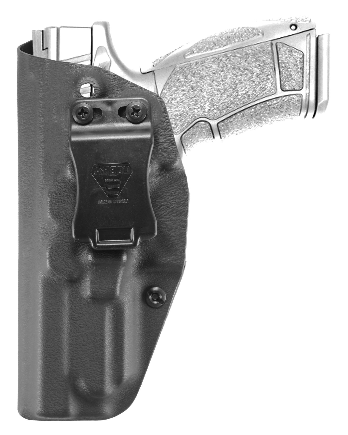 Coldre Kydex Cobra para P9L, porte interno (IWB), mao canhoto, cor preto, frente.