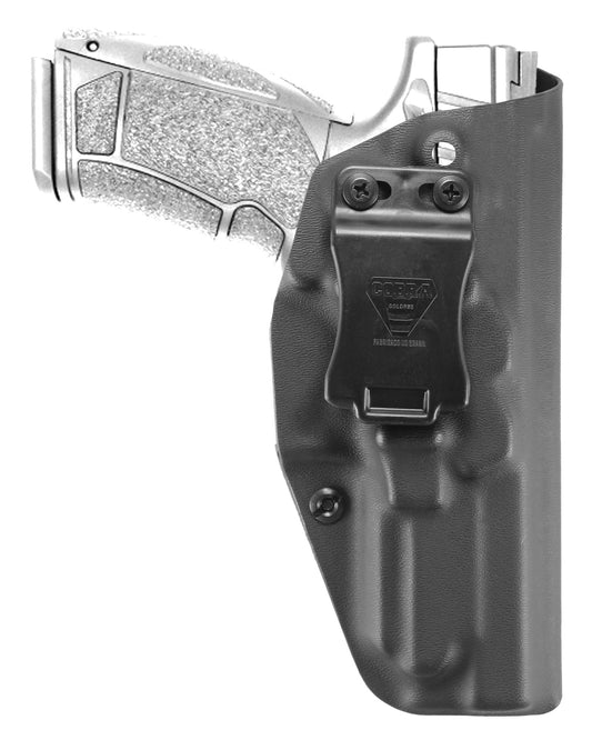 Coldre Kydex Cobra para P9L, porte interno (IWB), mao destro, cor preto, frente.