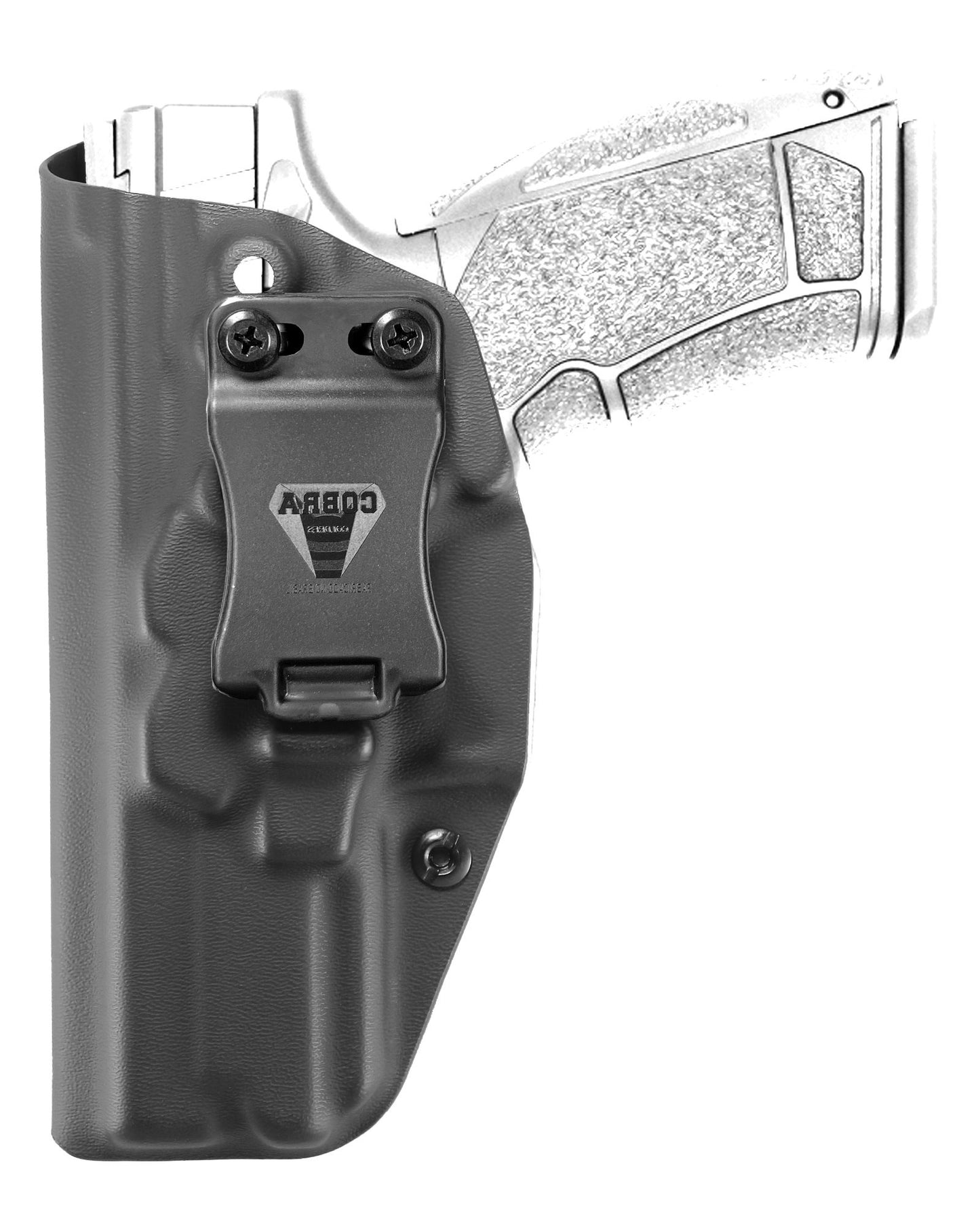 Coldre Kydex Cobra para PX9, porte interno (IWB), mao canhoto, cor preto, frente.