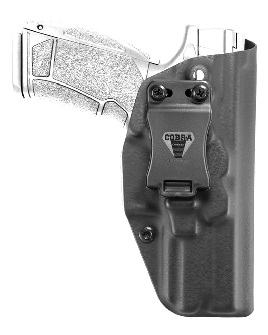 Coldre Kydex Cobra para PX9, porte interno (IWB), mao destro, cor preto, frente.