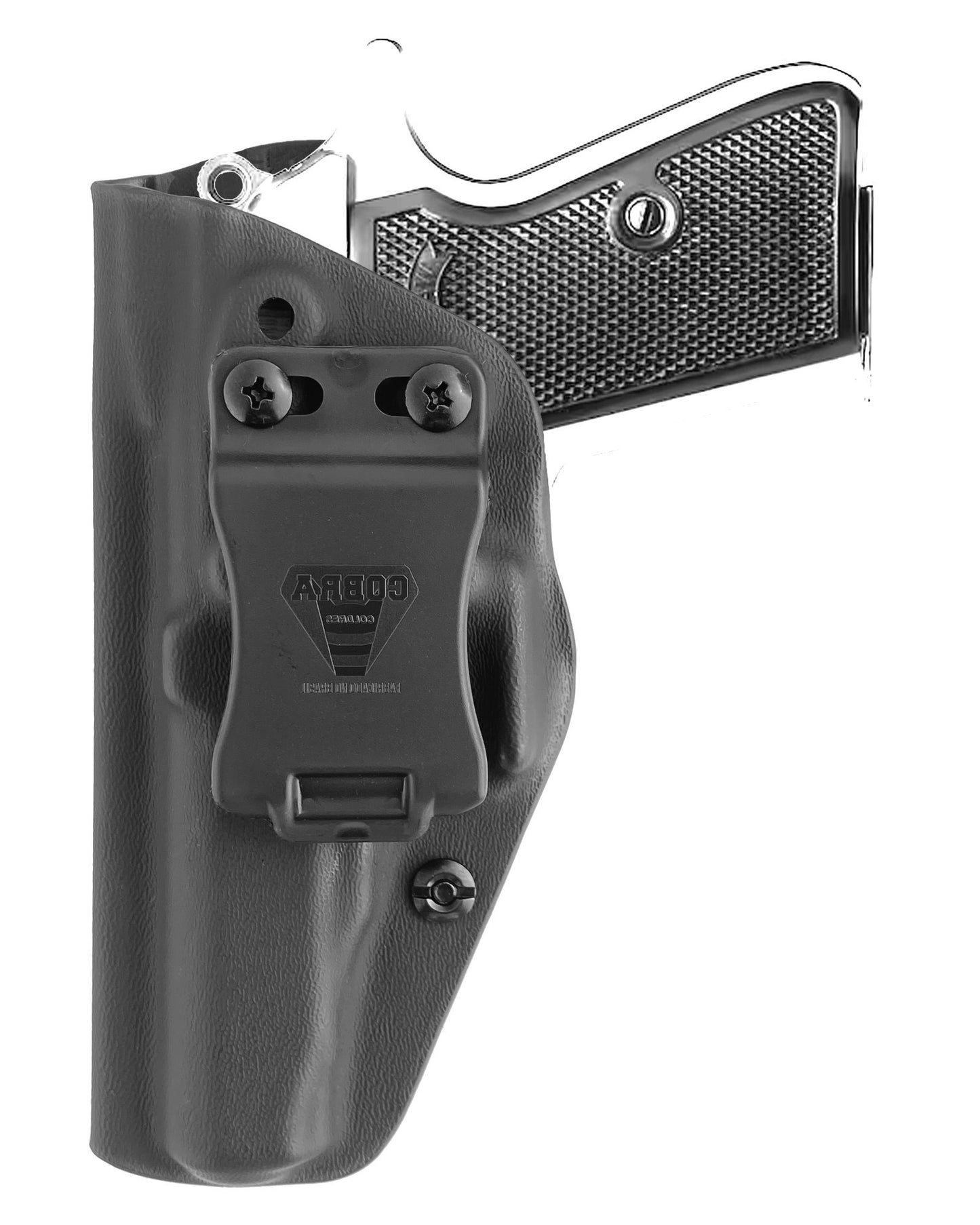 Coldre Kydex Cobra para Walther PP, porte interno (IWB), mao canhoto, cor preto, frente.