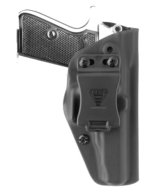 Coldre Kydex Cobra para Walther PP, porte interno (IWB), mao destro, cor preto, frente.
