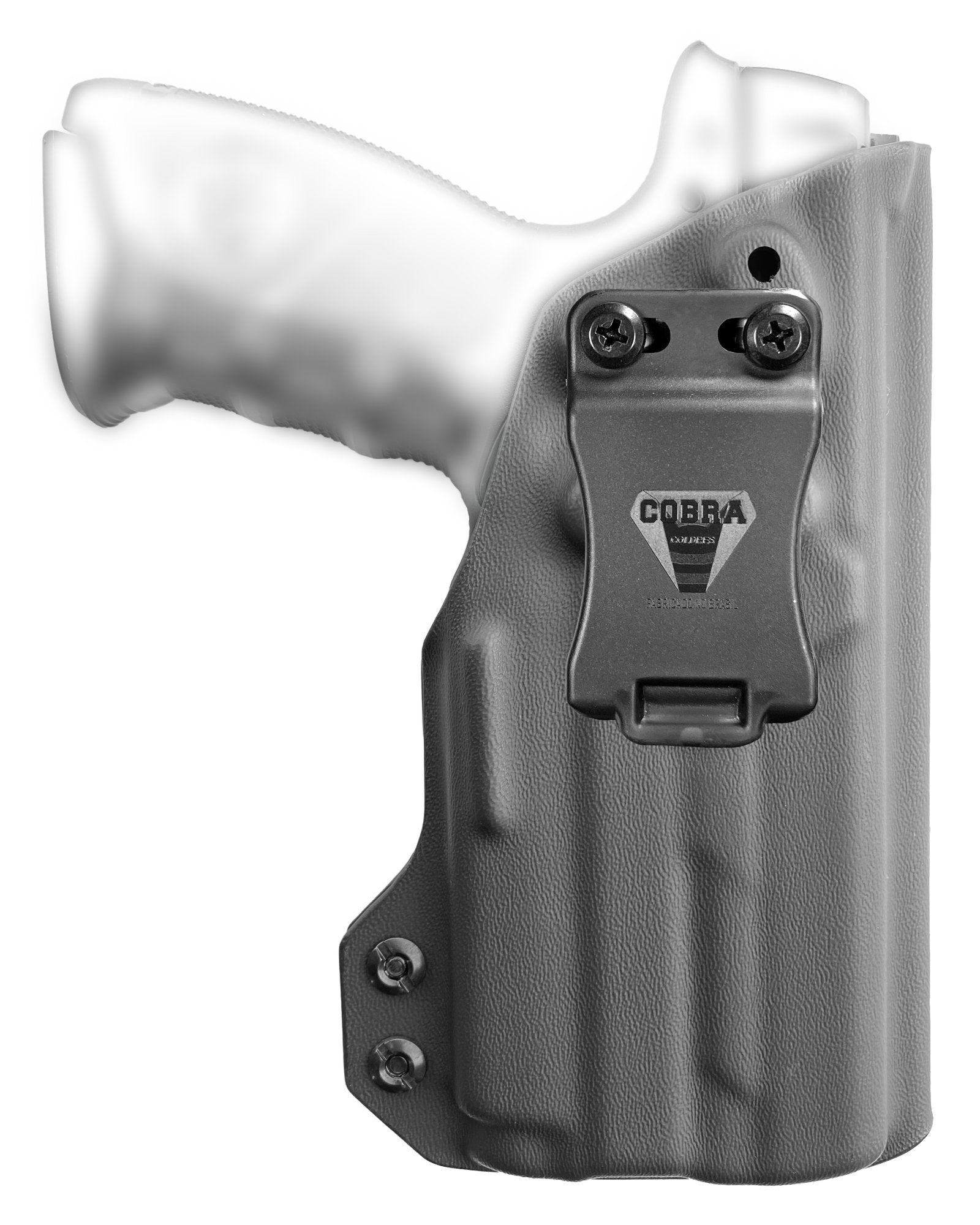 Imagem ilustrativa: coldre velado destro com lanterna compacta em Kydex, frente